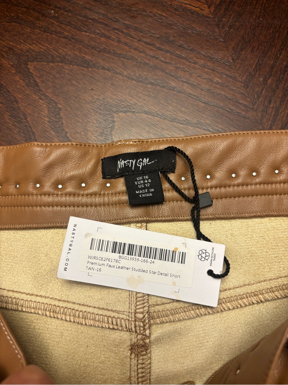 NWT Nasty Gal Tan Premium Faux Leather Studded Shorts- Size 12 - Picture 4 of 7